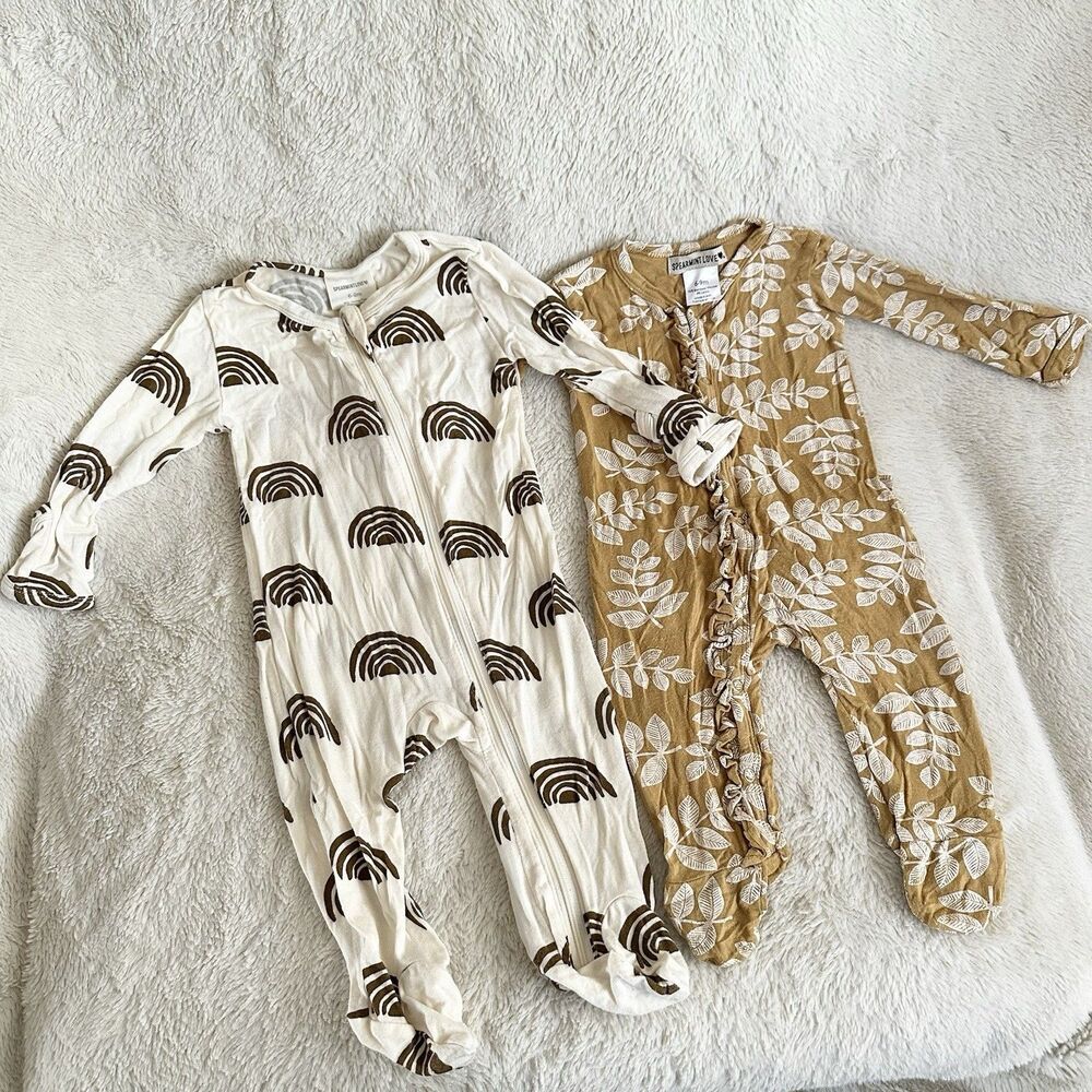Spearmint Love Baby Girl 6-9 Month Bamboo Zip Sleeper Brown Rainbow Floral Pair
